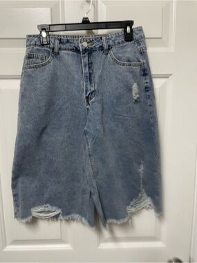 Distressed Light Blue Denim Long Shorts